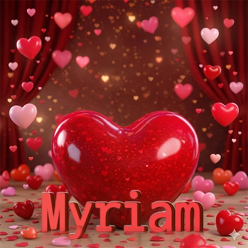 Un enorme y brillante corazón rojo en el centro del escenario bajo luces tenues y cortinas rojas, rodeado de decenas de pequeños corazones voladores que llenan de romance el lugar. El nombre Myriam está escrito en el diseño.