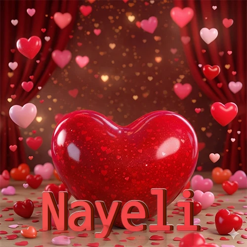 Un enorme y brillante corazón rojo en el centro del escenario bajo luces tenues y cortinas rojas, rodeado de decenas de pequeños corazones voladores que llenan de romance el lugar. El nombre Nayeli está escrito en el diseño.