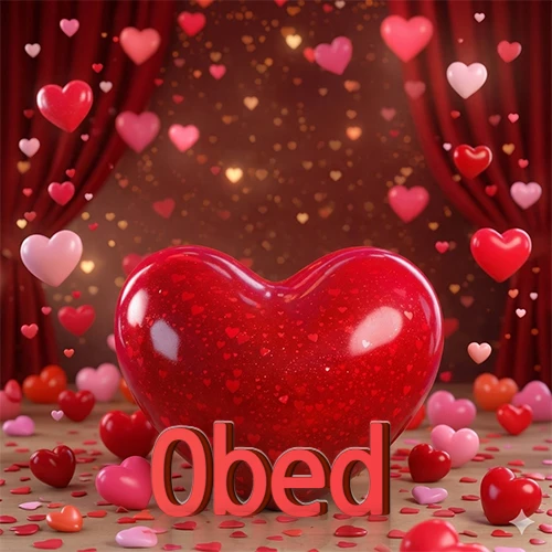 Un enorme y brillante corazón rojo en el centro del escenario bajo luces tenues y cortinas rojas, rodeado de decenas de pequeños corazones voladores que llenan de romance el lugar. El nombre Obed está escrito en el diseño. Un enorme y brillante corazón rojo en el centro del escenario bajo luces tenues y cortinas rojas, rodeado de decenas de pequeños corazones voladores que llenan de romance el lugar. El nombre Obed está escrito en el diseño.