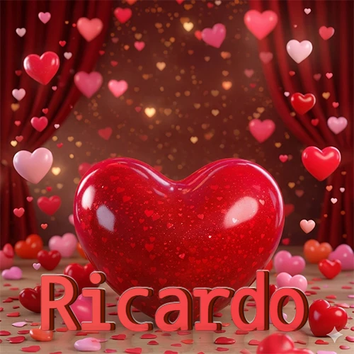 Un enorme y brillante corazón rojo en el centro del escenario bajo luces tenues y cortinas rojas, rodeado de decenas de pequeños corazones voladores que llenan de romance el lugar. El nombre Ricardo está escrito en el diseño.