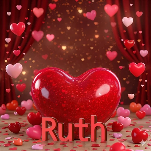 Un enorme y brillante corazón rojo en el centro del escenario bajo luces tenues y cortinas rojas, rodeado de decenas de pequeños corazones voladores que llenan de romance el lugar. El nombre Ruth está escrito en el diseño. Un enorme y brillante corazón rojo en el centro del escenario bajo luces tenues y cortinas rojas, rodeado de decenas de pequeños corazones voladores que llenan de romance el lugar. El nombre Ruth está escrito en el diseño.