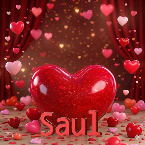 Un enorme y brillante corazón rojo en el centro del escenario bajo luces tenues y cortinas rojas, rodeado de decenas de pequeños corazones voladores que llenan de romance el lugar. El nombre Saul está escrito en el diseño.