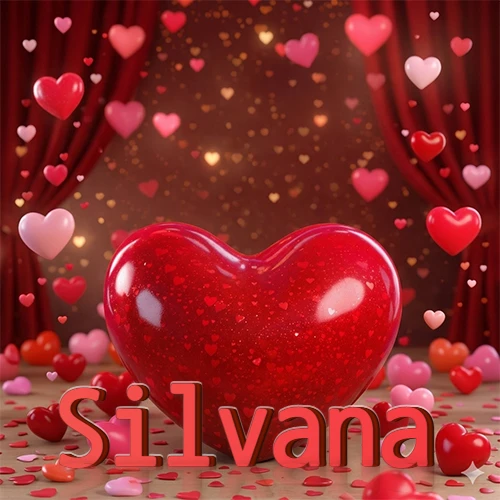 Un enorme y brillante corazón rojo en el centro del escenario bajo luces tenues y cortinas rojas, rodeado de decenas de pequeños corazones voladores que llenan de romance el lugar. El nombre Silvana está escrito en el diseño.