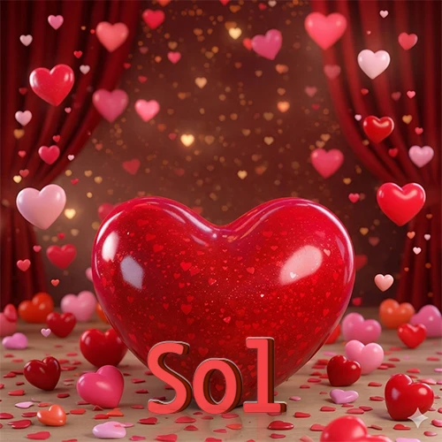 Un enorme y brillante corazón rojo en el centro del escenario bajo luces tenues y cortinas rojas, rodeado de decenas de pequeños corazones voladores que llenan de romance el lugar. El nombre Sol está escrito en el diseño. Un enorme y brillante corazón rojo en el centro del escenario bajo luces tenues y cortinas rojas, rodeado de decenas de pequeños corazones voladores que llenan de romance el lugar. El nombre Sol está escrito en el diseño.