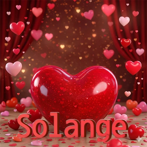 Un enorme y brillante corazón rojo en el centro del escenario bajo luces tenues y cortinas rojas, rodeado de decenas de pequeños corazones voladores que llenan de romance el lugar. El nombre Solange está escrito en el diseño.