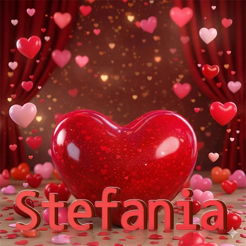 Un enorme y brillante corazón rojo en el centro del escenario bajo luces tenues y cortinas rojas, rodeado de decenas de pequeños corazones voladores que llenan de romance el lugar. El nombre Stefania está escrito en el diseño. Un enorme y brillante corazón rojo en el centro del escenario bajo luces tenues y cortinas rojas, rodeado de decenas de pequeños corazones voladores que llenan de romance el lugar. El nombre Stefania está escrito en el diseño.