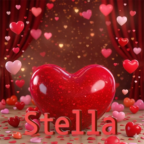 Un enorme y brillante corazón rojo en el centro del escenario bajo luces tenues y cortinas rojas, rodeado de decenas de pequeños corazones voladores que llenan de romance el lugar. El nombre Stella está escrito en el diseño.