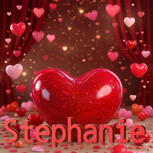 Un enorme y brillante corazón rojo en el centro del escenario bajo luces tenues y cortinas rojas, rodeado de decenas de pequeños corazones voladores que llenan de romance el lugar. El nombre Stephanie está escrito en el diseño.