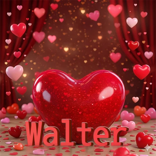 Un enorme y brillante corazón rojo en el centro del escenario bajo luces tenues y cortinas rojas, rodeado de decenas de pequeños corazones voladores que llenan de romance el lugar. El nombre Walter está escrito en el diseño.