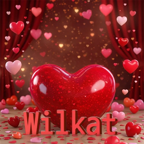 Un enorme y brillante corazón rojo en el centro del escenario bajo luces tenues y cortinas rojas, rodeado de decenas de pequeños corazones voladores que llenan de romance el lugar. El nombre Wilkat está escrito en el diseño.