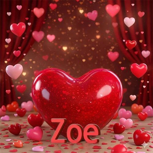 Un enorme y brillante corazón rojo en el centro del escenario bajo luces tenues y cortinas rojas, rodeado de decenas de pequeños corazones voladores que llenan de romance el lugar. El nombre Zoe está escrito en el diseño.