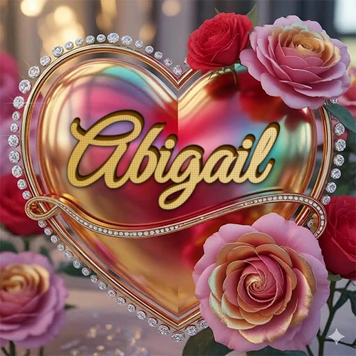Un marco dorado con forma de corazón tachonado de diamantes, rodeado de rosas naturales en colores que van del rosa al rojo, dando un diseño lujoso y brillante. El nombre Abigail está escrito en el diseño. Un marco dorado con forma de corazón tachonado de diamantes, rodeado de rosas naturales en colores que van del rosa al rojo, dando un diseño lujoso y brillante. El nombre Abigail está escrito en el diseño.