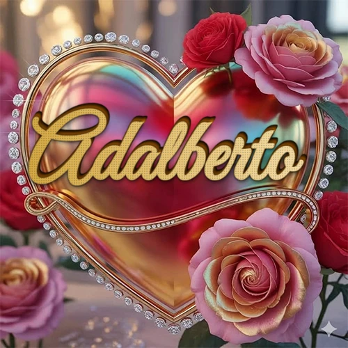 Un marco dorado con forma de corazón tachonado de diamantes, rodeado de rosas naturales en colores que van del rosa al rojo, dando un diseño lujoso y brillante. El nombre Adalberto está escrito en el diseño.