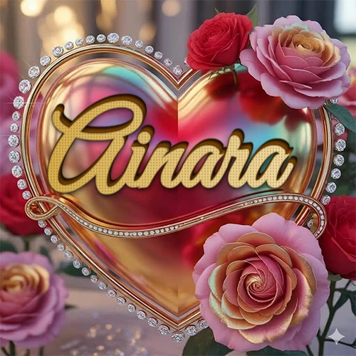 Un marco dorado con forma de corazón tachonado de diamantes, rodeado de rosas naturales en colores que van del rosa al rojo, dando un diseño lujoso y brillante. El nombre Ainara está escrito en el diseño.