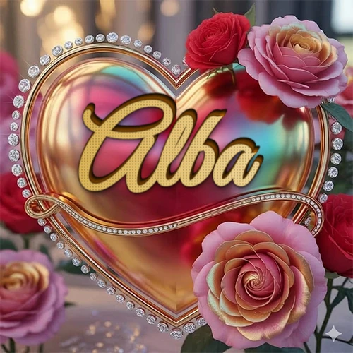 Un marco dorado con forma de corazón tachonado de diamantes, rodeado de rosas naturales en colores que van del rosa al rojo, dando un diseño lujoso y brillante. El nombre Alba está escrito en el diseño.