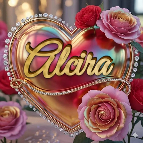 Un marco dorado con forma de corazón tachonado de diamantes, rodeado de rosas naturales en colores que van del rosa al rojo, dando un diseño lujoso y brillante. El nombre Alcira está escrito en el diseño.