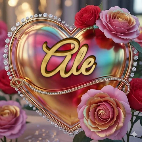 Un marco dorado con forma de corazón tachonado de diamantes, rodeado de rosas naturales en colores que van del rosa al rojo, dando un diseño lujoso y brillante. El nombre Ale está escrito en el diseño.