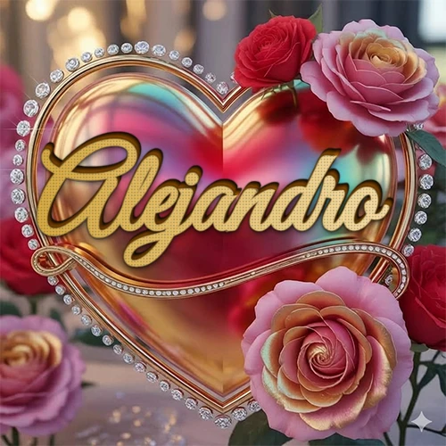 Un marco dorado con forma de corazón tachonado de diamantes, rodeado de rosas naturales en colores que van del rosa al rojo, dando un diseño lujoso y brillante. El nombre Alejandro está escrito en el diseño.