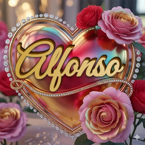 Un marco dorado con forma de corazón tachonado de diamantes, rodeado de rosas naturales en colores que van del rosa al rojo, dando un diseño lujoso y brillante. El nombre Alfonso está escrito en el diseño.