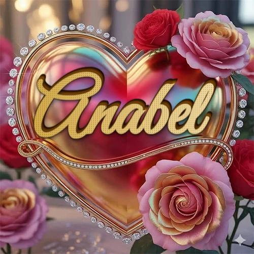 Un marco dorado con forma de corazón tachonado de diamantes, rodeado de rosas naturales en colores que van del rosa al rojo, dando un diseño lujoso y brillante. El nombre Anabel está escrito en el diseño.