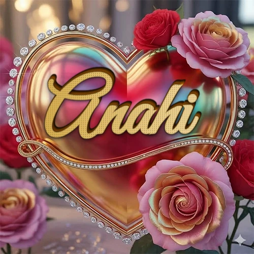 Un marco dorado con forma de corazón tachonado de diamantes, rodeado de rosas naturales en colores que van del rosa al rojo, dando un diseño lujoso y brillante. El nombre Anahi está escrito en el diseño.