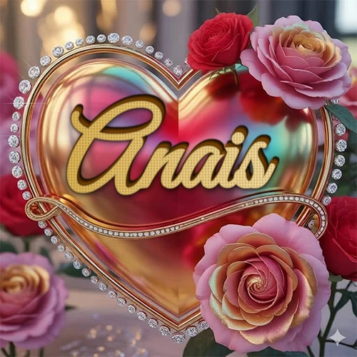 Un marco dorado con forma de corazón tachonado de diamantes, rodeado de rosas naturales en colores que van del rosa al rojo, dando un diseño lujoso y brillante. El nombre Anais está escrito en el diseño.