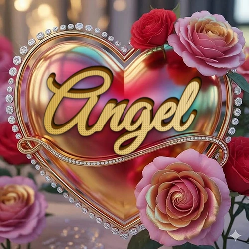 Un marco dorado con forma de corazón tachonado de diamantes, rodeado de rosas naturales en colores que van del rosa al rojo, dando un diseño lujoso y brillante. El nombre Angel está escrito en el diseño.