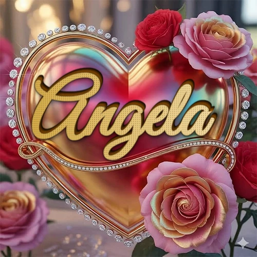 Un marco dorado con forma de corazón tachonado de diamantes, rodeado de rosas naturales en colores que van del rosa al rojo, dando un diseño lujoso y brillante. El nombre Angela está escrito en el diseño.