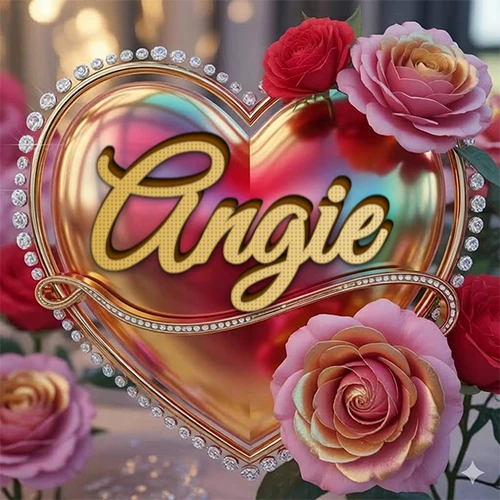 Un marco dorado con forma de corazón tachonado de diamantes, rodeado de rosas naturales en colores que van del rosa al rojo, dando un diseño lujoso y brillante. El nombre Angie está escrito en el diseño.