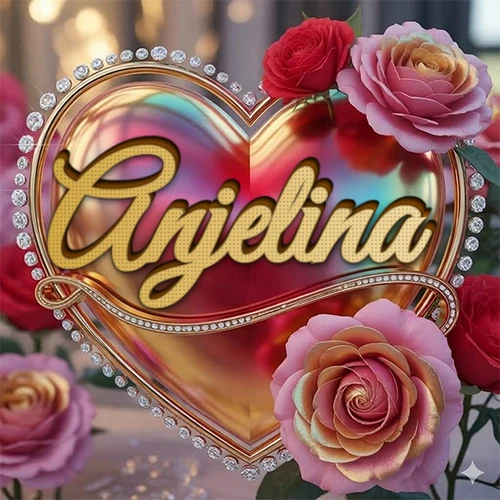 Un marco dorado con forma de corazón tachonado de diamantes, rodeado de rosas naturales en colores que van del rosa al rojo, dando un diseño lujoso y brillante. El nombre Anjelina está escrito en el diseño.