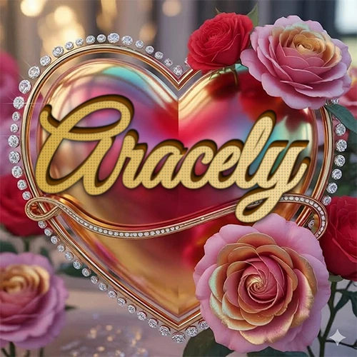 Un marco dorado con forma de corazón tachonado de diamantes, rodeado de rosas naturales en colores que van del rosa al rojo, dando un diseño lujoso y brillante. El nombre Aracely está escrito en el diseño.