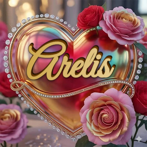 Un marco dorado con forma de corazón tachonado de diamantes, rodeado de rosas naturales en colores que van del rosa al rojo, dando un diseño lujoso y brillante. El nombre Arelis está escrito en el diseño.