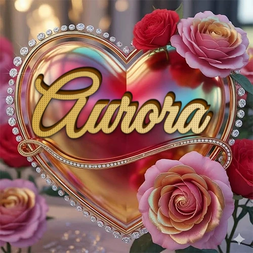 Un marco dorado con forma de corazón tachonado de diamantes, rodeado de rosas naturales en colores que van del rosa al rojo, dando un diseño lujoso y brillante. El nombre Aurora está escrito en el diseño.