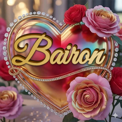 Un marco dorado con forma de corazón tachonado de diamantes, rodeado de rosas naturales en colores que van del rosa al rojo, dando un diseño lujoso y brillante. El nombre Bairon está escrito en el diseño.