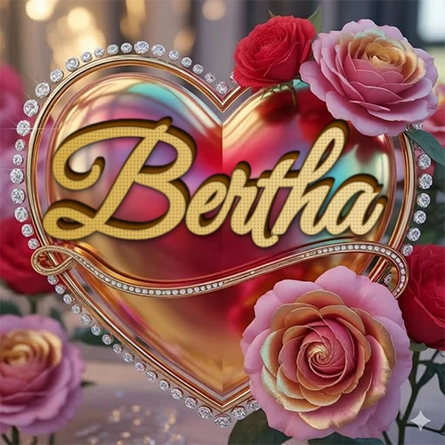 Un marco dorado con forma de corazón tachonado de diamantes, rodeado de rosas naturales en colores que van del rosa al rojo, dando un diseño lujoso y brillante. El nombre Bertha está escrito en el diseño.