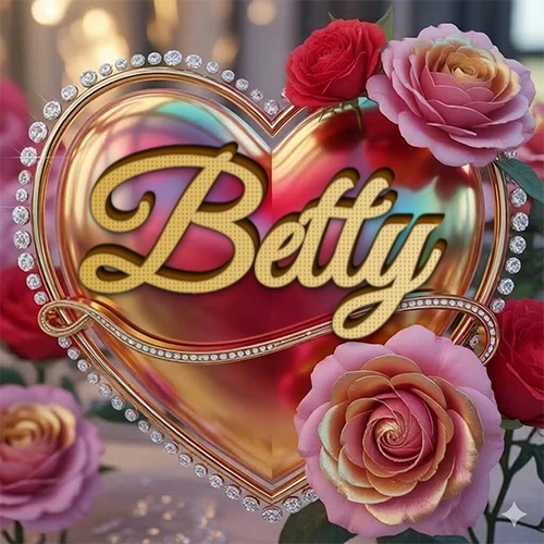 Un marco dorado con forma de corazón tachonado de diamantes, rodeado de rosas naturales en colores que van del rosa al rojo, dando un diseño lujoso y brillante. El nombre Betty está escrito en el diseño.