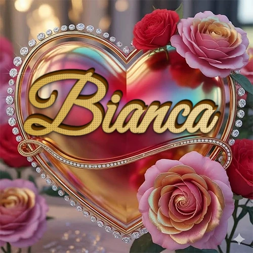 Un marco dorado con forma de corazón tachonado de diamantes, rodeado de rosas naturales en colores que van del rosa al rojo, dando un diseño lujoso y brillante. El nombre Bianca está escrito en el diseño.