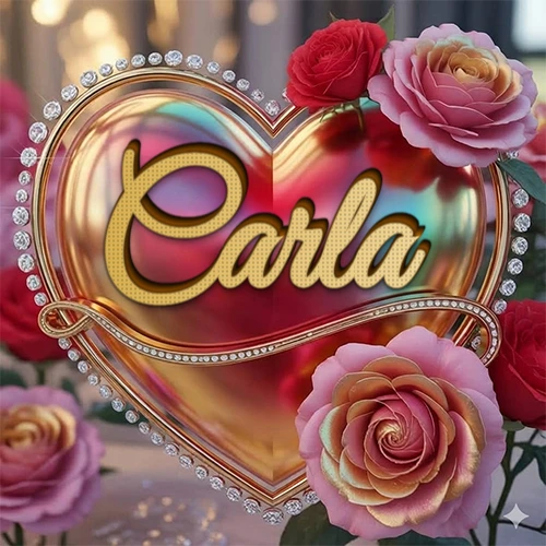 Un marco dorado con forma de corazón tachonado de diamantes, rodeado de rosas naturales en colores que van del rosa al rojo, dando un diseño lujoso y brillante. El nombre Carla está escrito en el diseño.