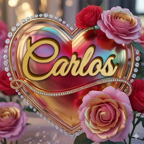 Un marco dorado con forma de corazón tachonado de diamantes, rodeado de rosas naturales en colores que van del rosa al rojo, dando un diseño lujoso y brillante. El nombre Carlos está escrito en el diseño.