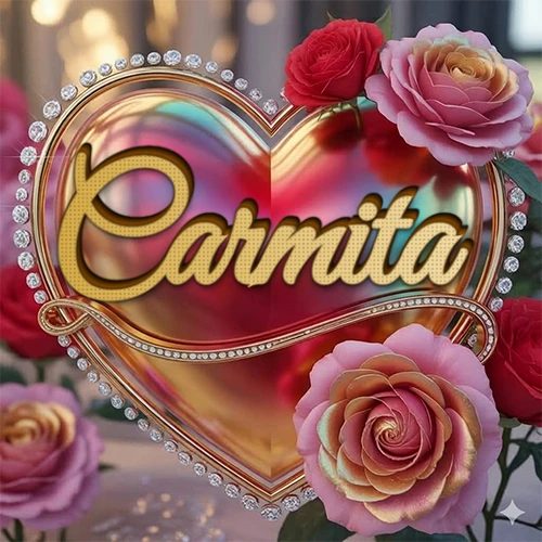 Un marco dorado con forma de corazón tachonado de diamantes, rodeado de rosas naturales en colores que van del rosa al rojo, dando un diseño lujoso y brillante. El nombre Carmita está escrito en el diseño.