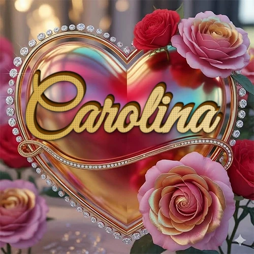 Un marco dorado con forma de corazón tachonado de diamantes, rodeado de rosas naturales en colores que van del rosa al rojo, dando un diseño lujoso y brillante. El nombre Carolina está escrito en el diseño.