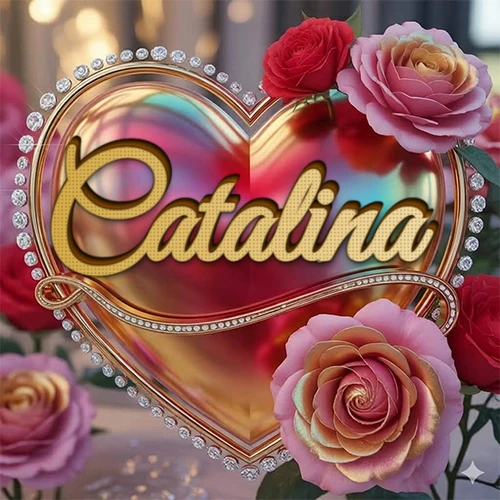 Un marco dorado con forma de corazón tachonado de diamantes, rodeado de rosas naturales en colores que van del rosa al rojo, dando un diseño lujoso y brillante. El nombre Catalina está escrito en el diseño.