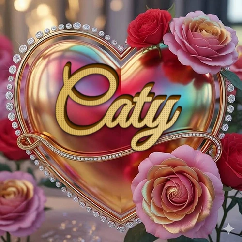 Un marco dorado con forma de corazón tachonado de diamantes, rodeado de rosas naturales en colores que van del rosa al rojo, dando un diseño lujoso y brillante. El nombre Caty está escrito en el diseño. Un marco dorado con forma de corazón tachonado de diamantes, rodeado de rosas naturales en colores que van del rosa al rojo, dando un diseño lujoso y brillante. El nombre Caty está escrito en el diseño.