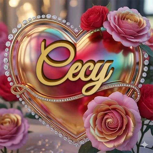 Un marco dorado con forma de corazón tachonado de diamantes, rodeado de rosas naturales en colores que van del rosa al rojo, dando un diseño lujoso y brillante. El nombre Cecy está escrito en el diseño.