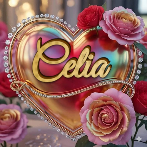 Un marco dorado con forma de corazón tachonado de diamantes, rodeado de rosas naturales en colores que van del rosa al rojo, dando un diseño lujoso y brillante. El nombre Celia está escrito en el diseño.