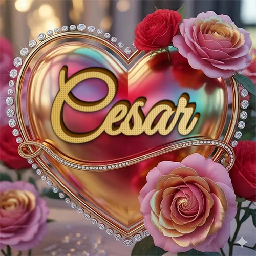 Un marco dorado con forma de corazón tachonado de diamantes, rodeado de rosas naturales en colores que van del rosa al rojo, dando un diseño lujoso y brillante. El nombre Cesar está escrito en el diseño.