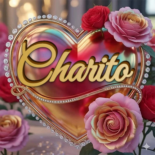 Un marco dorado con forma de corazón tachonado de diamantes, rodeado de rosas naturales en colores que van del rosa al rojo, dando un diseño lujoso y brillante. El nombre Charito está escrito en el diseño.