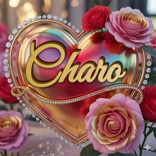Un marco dorado con forma de corazón tachonado de diamantes, rodeado de rosas naturales en colores que van del rosa al rojo, dando un diseño lujoso y brillante. El nombre Charo está escrito en el diseño.