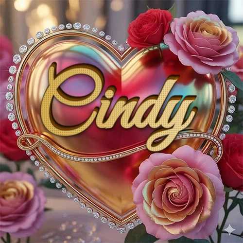 Un marco dorado con forma de corazón tachonado de diamantes, rodeado de rosas naturales en colores que van del rosa al rojo, dando un diseño lujoso y brillante. El nombre Cindy está escrito en el diseño.