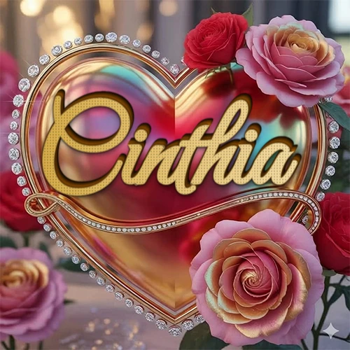 Un marco dorado con forma de corazón tachonado de diamantes, rodeado de rosas naturales en colores que van del rosa al rojo, dando un diseño lujoso y brillante. El nombre Cinthia está escrito en el diseño.